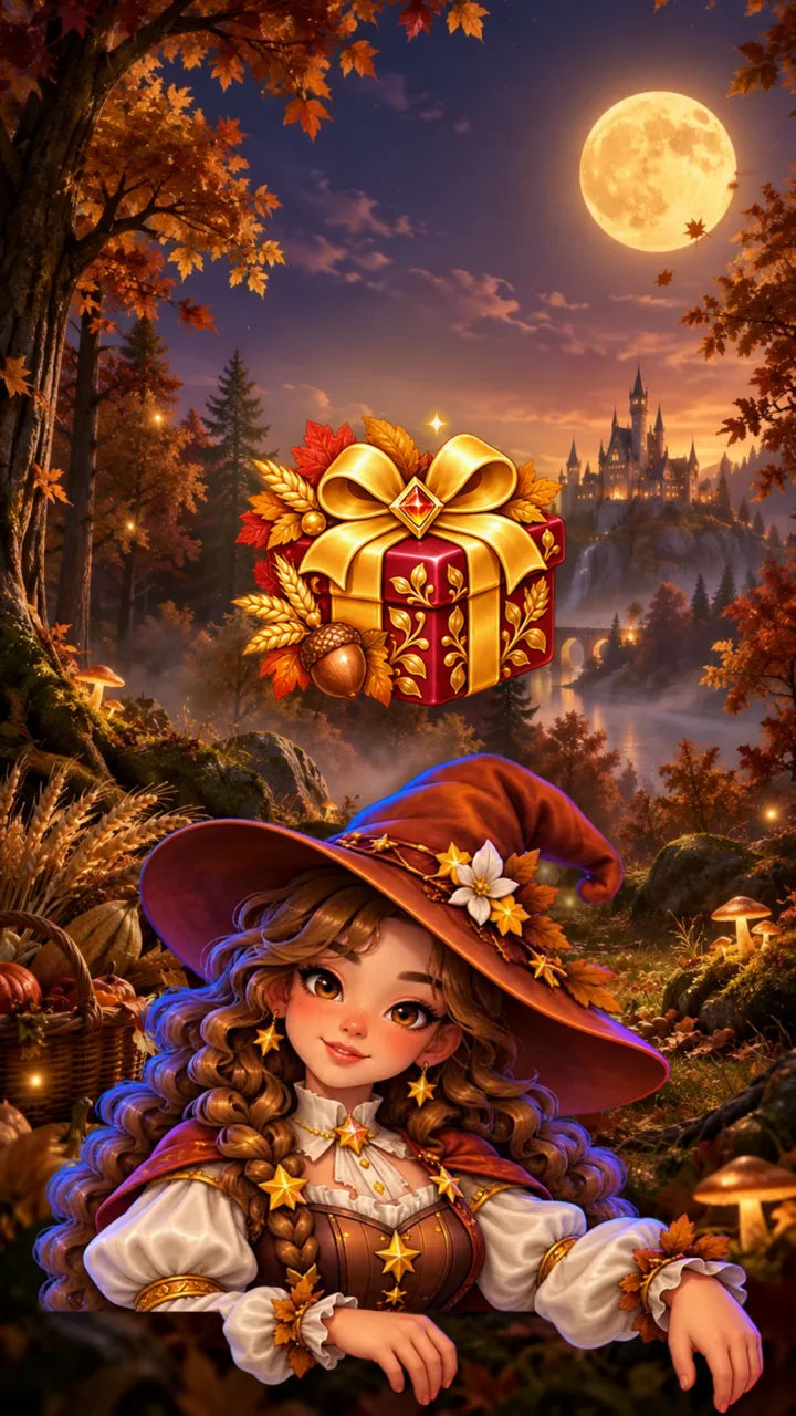 Two enchanters at an autumn harvest market with a golden gift box
