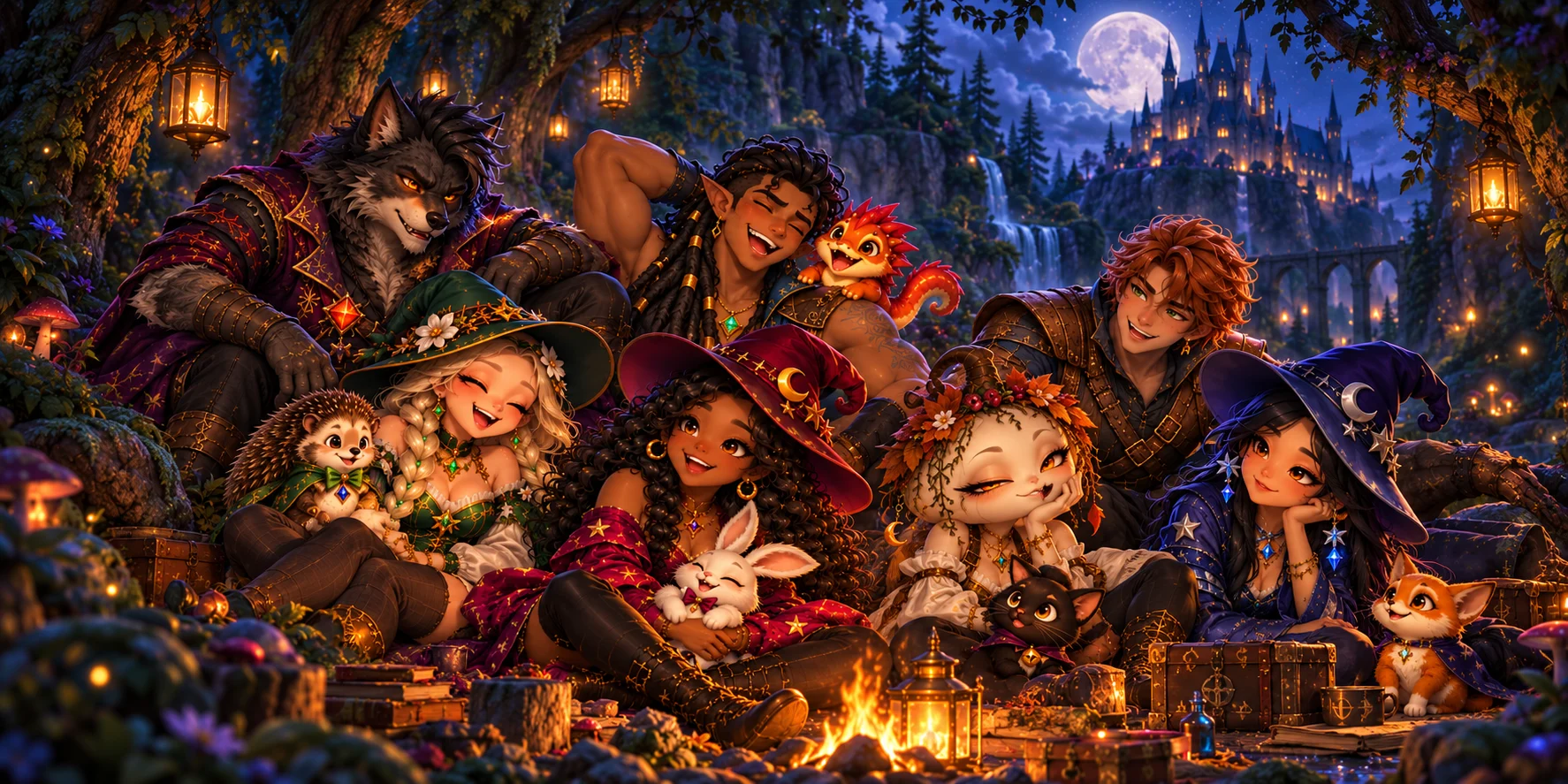 The Enchanted Blocks enchanters and their pets gathered around a campfire below the moonlit castle