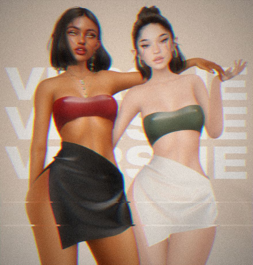 Two avatars in satin bandeau tops and wrap skirts